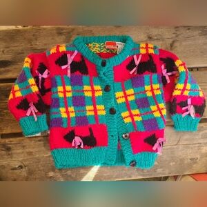KIDDING AROUND SZ 2T GUC GREEN PINK YELLOW bows & DOGS cardigan knit sweater 🎀